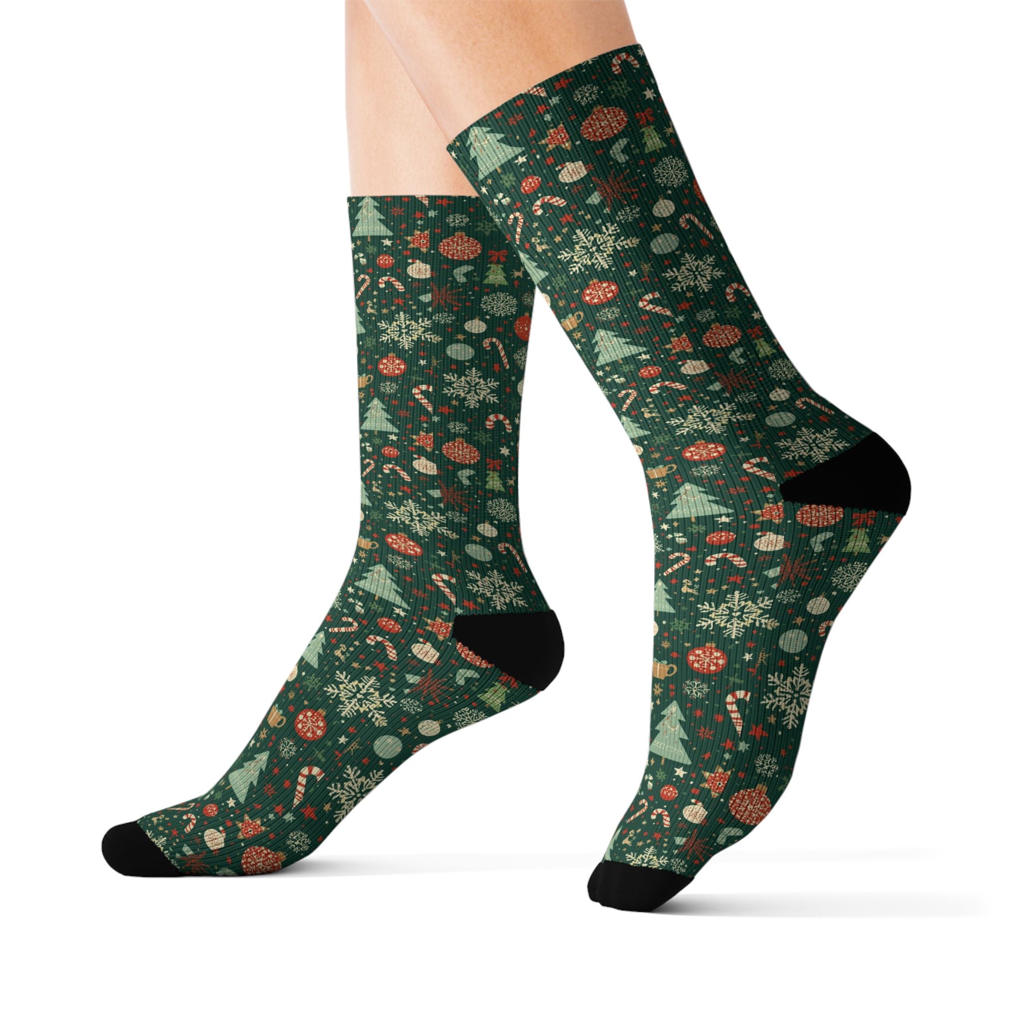 Holiday Sublimation Crew Socks with Trees & Ornaments