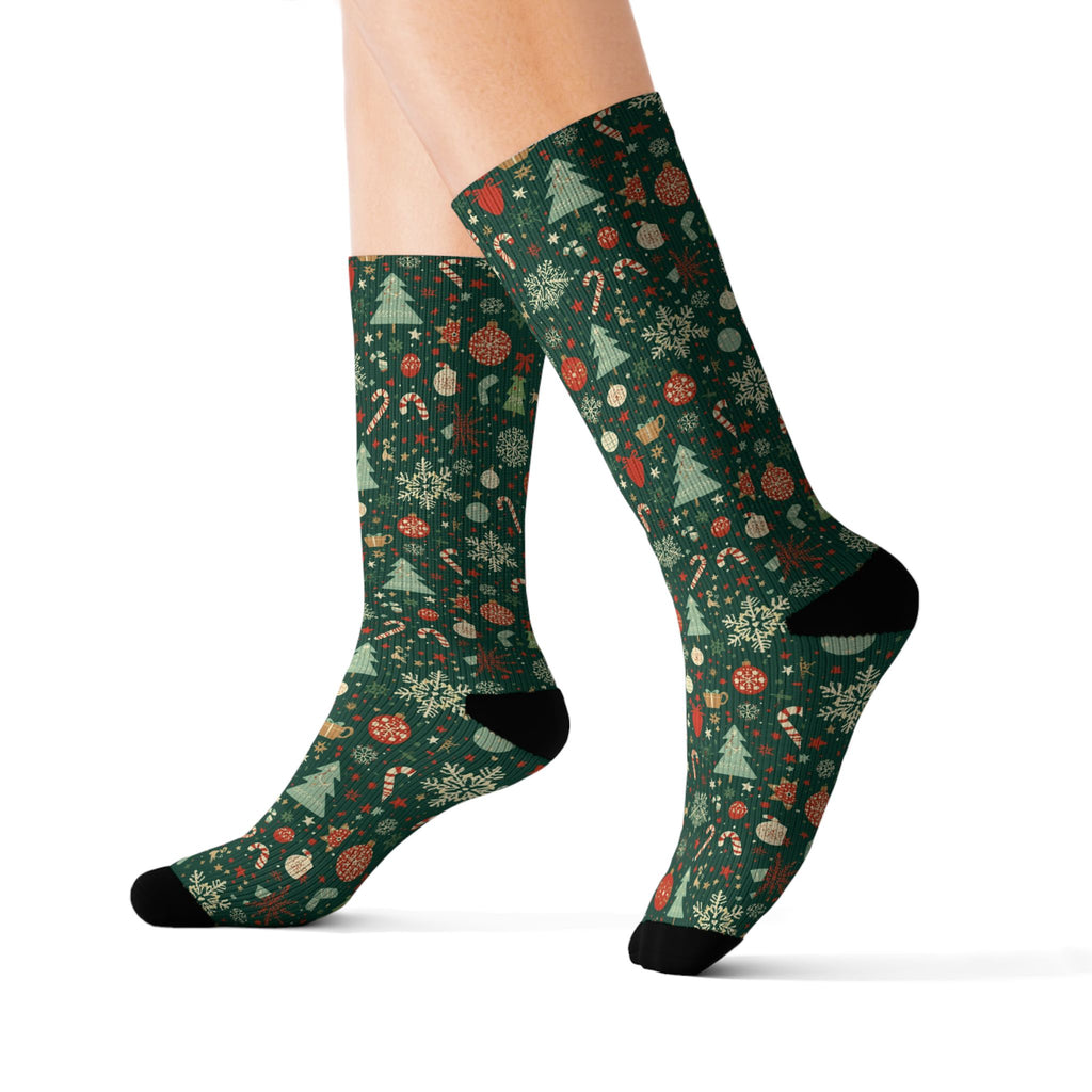 Holiday Sublimation Crew Socks with Trees & Ornaments